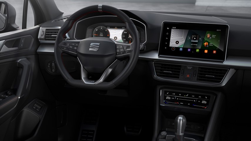 The new SEAT Tarraco FR PHEV, front view, interior dashboard view.