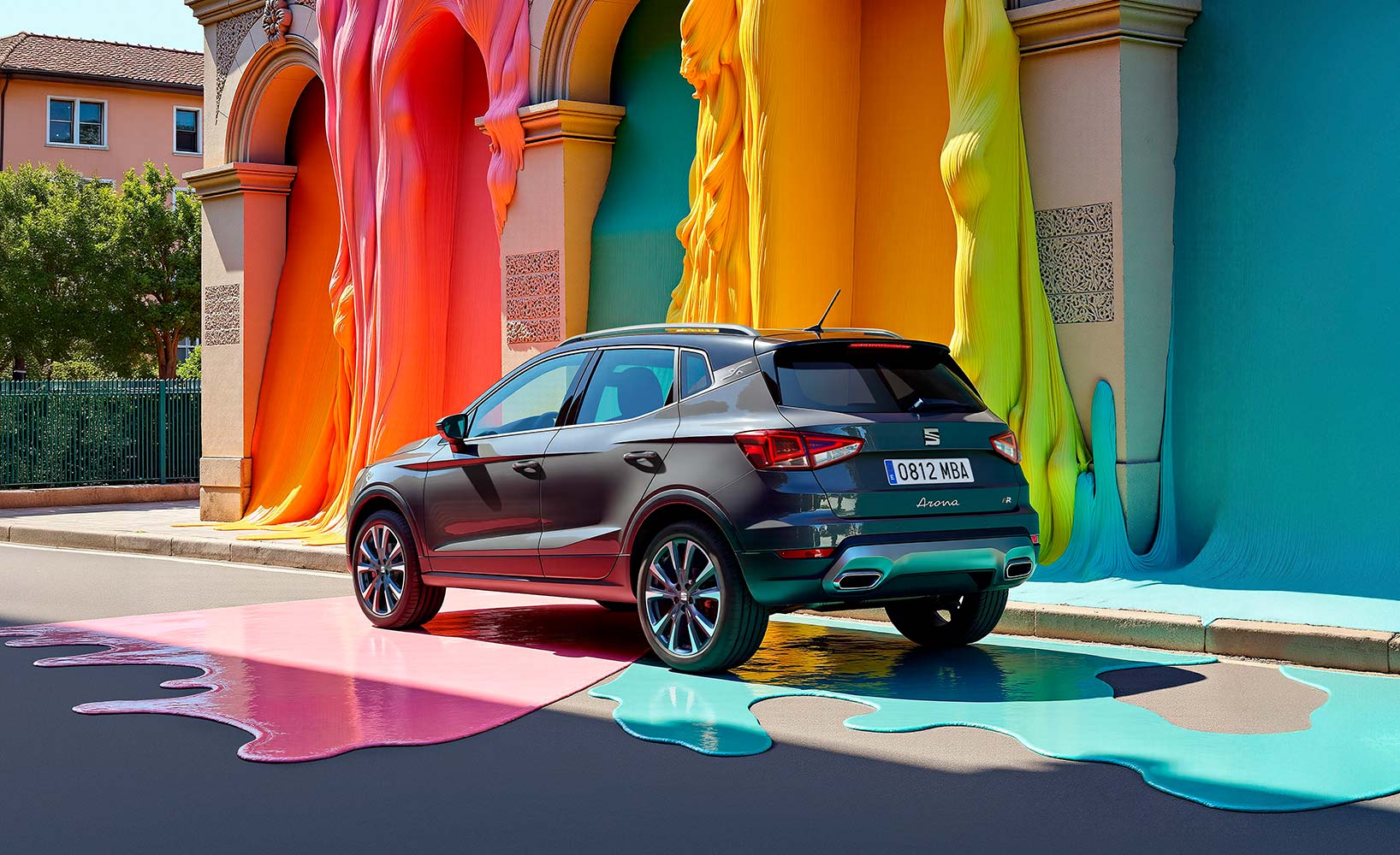 SEAT Arona SUV compacto frente a edificio pintado con llamativos colores azul, rosa y amarillo. Vista trasera