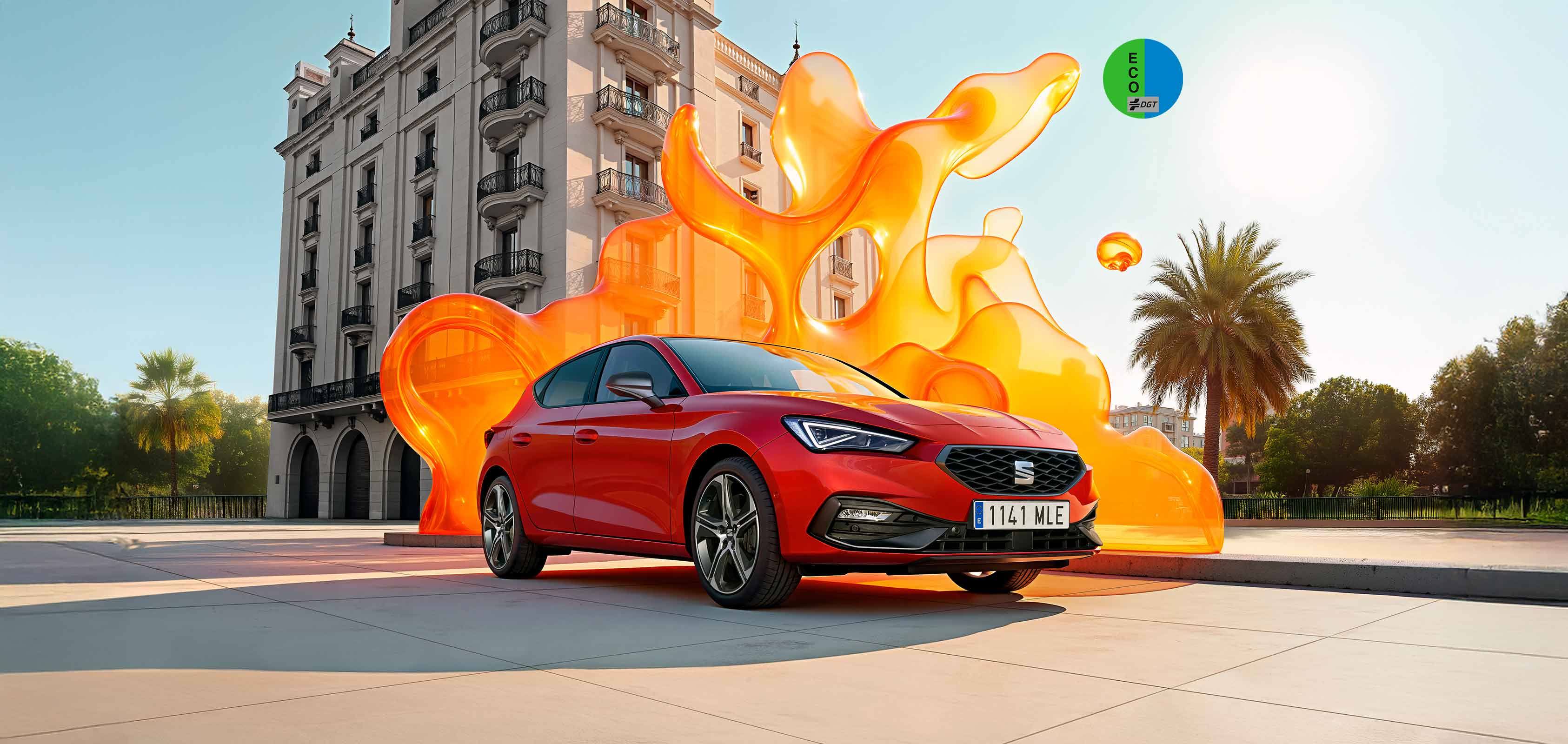 SEAT León 5 puertas compacto híbrido en color rojo desire de oferta en Canarias vista frontal