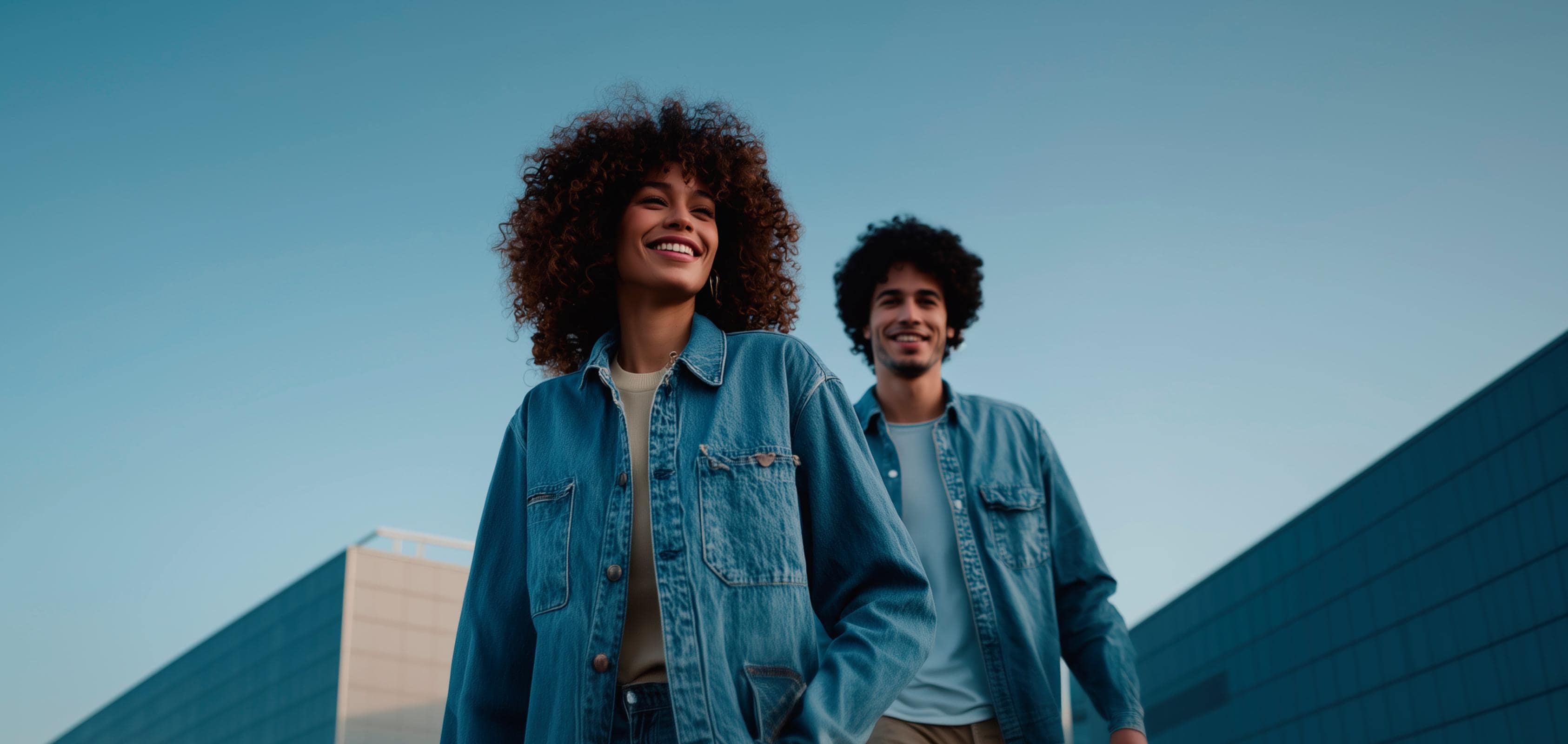 Mujer y hombre caminan pasando frente a edificios de fondo en día despejado