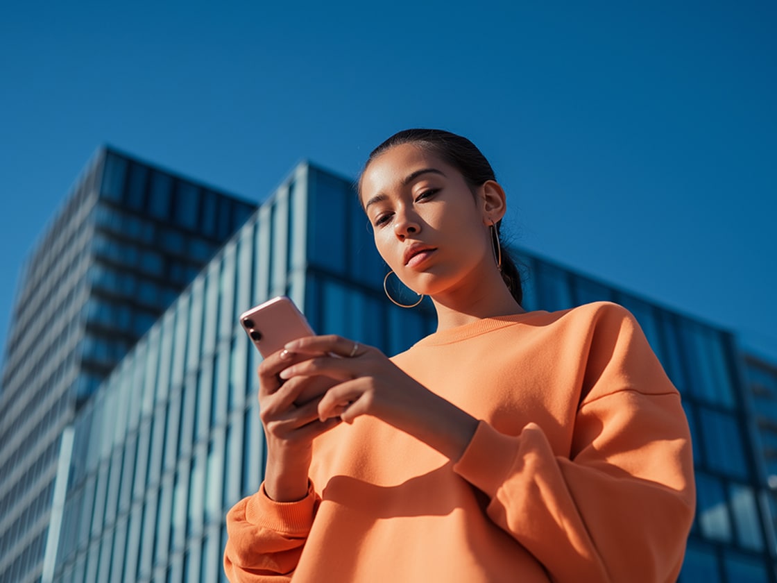 Chica sujetando su smartphone utilizando las funciones remotas de seat Chica sujetando su smartphone utilizando las funciones remotas de seat