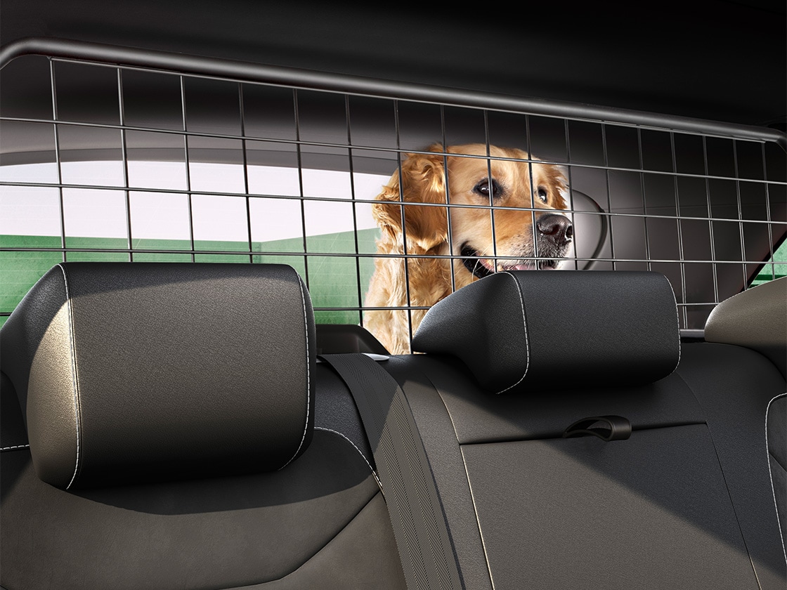 Un perro detrás de la parrilla de separación del SEAT Ateca para mostrar cómo funciona.