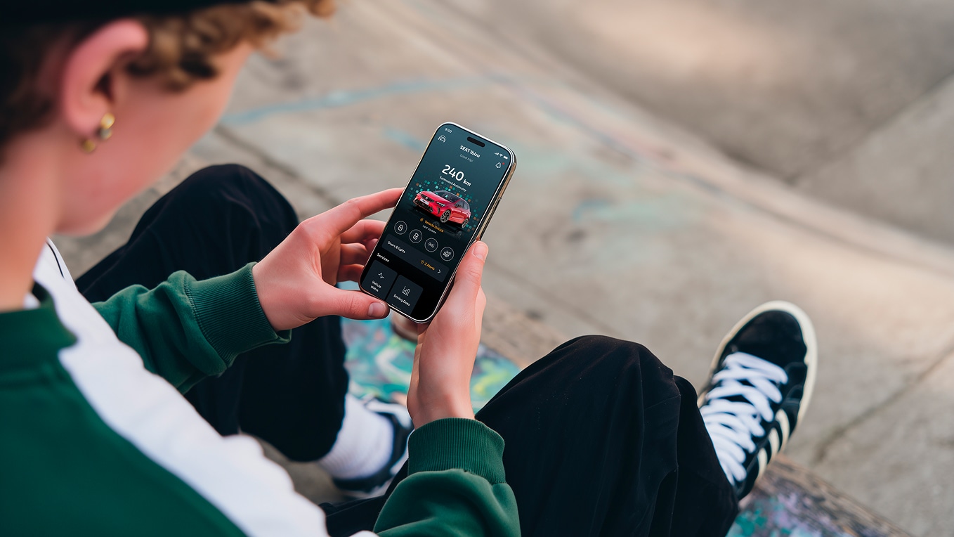 Persona con un smartphone utilizando las funciones remotas de seat Persona con un smartphone utilizando las funciones remotas de seat