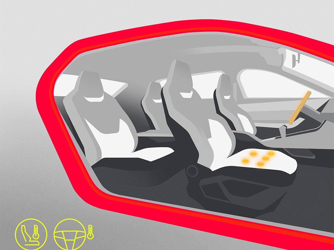 Ilustración del interior del SEAT León en la que se muestran los asientos y el volante calefactables incluidos en el Winter's Pack.