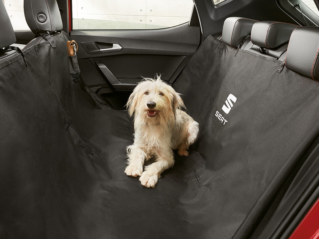Perro sentado cómodamente sobre una funda protectora dentro del SEAT León Sportstourer.