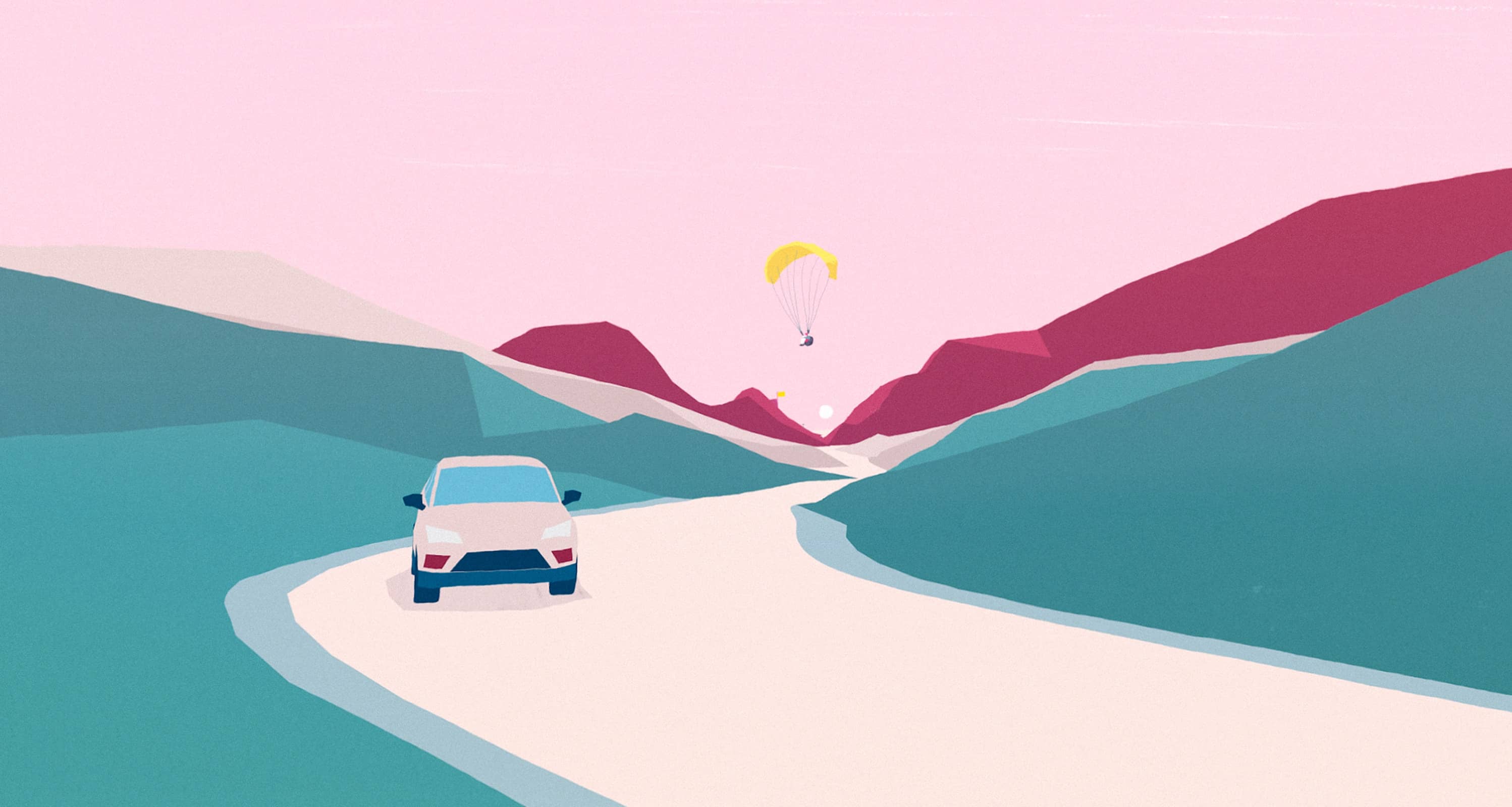 Pintura de un coche SEAT por una carretera de montañas