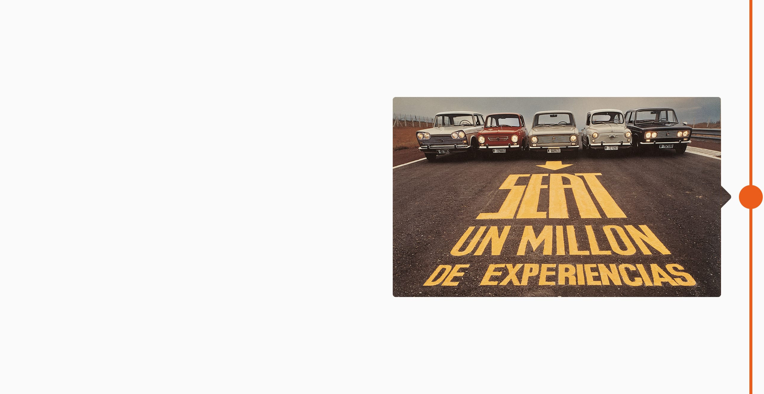 Varios modelos de SEAT de 1974 en la carretera con el mensaje: SEAT, un millón de experiencias