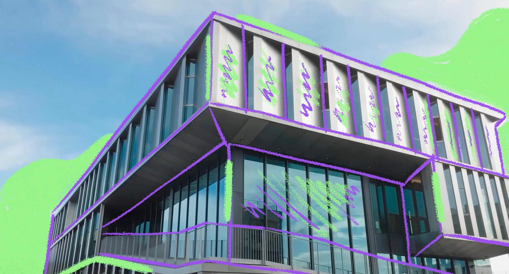 Edificio gris contorneado por líneas de boceto en color verde y morado.